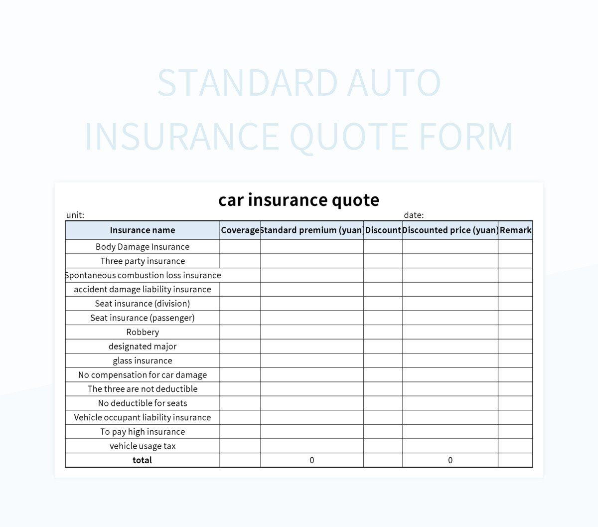 Standard Auto Insurance Quote Form Excel Template And Google Sheets ...